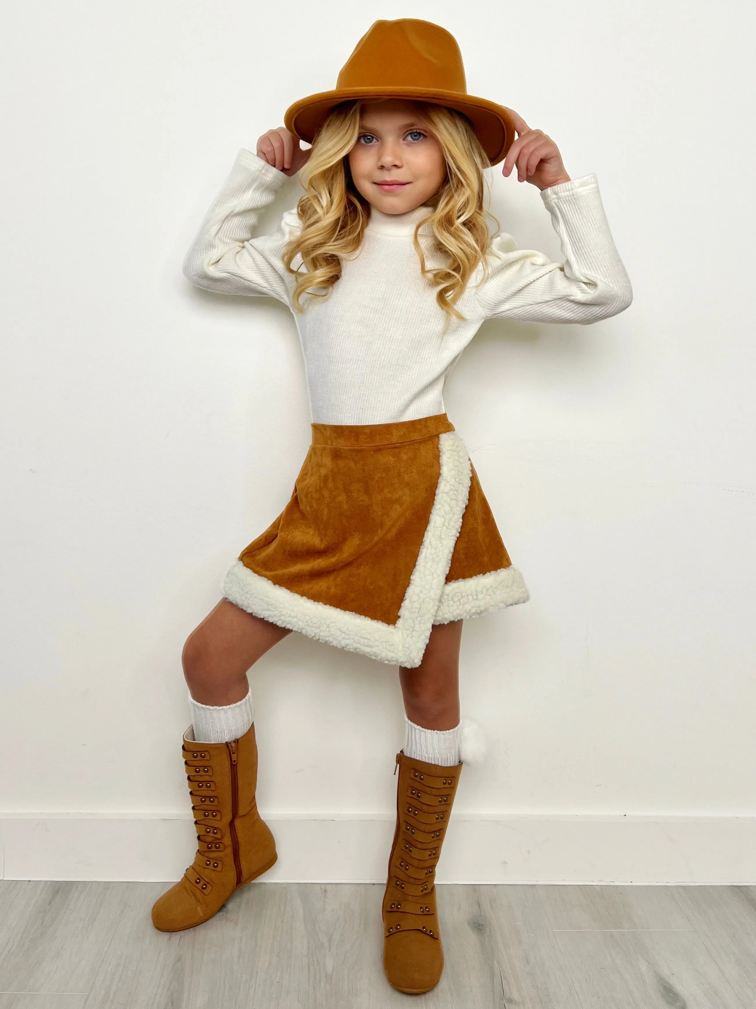 Ivory Turtleneck Top And Camel Fur Trimmed Skirt Set