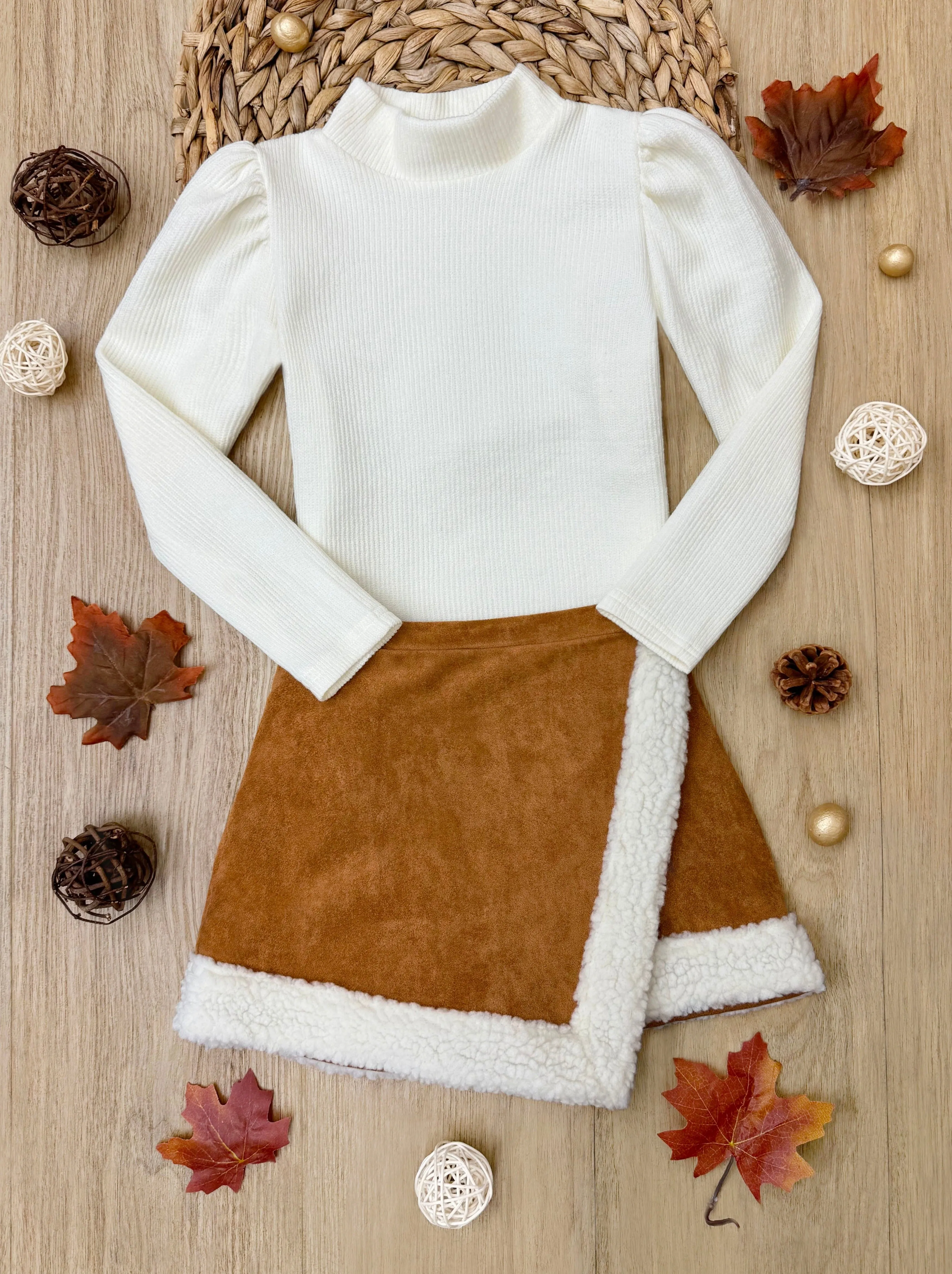 Ivory Turtleneck Top And Camel Fur Trimmed Skirt Set