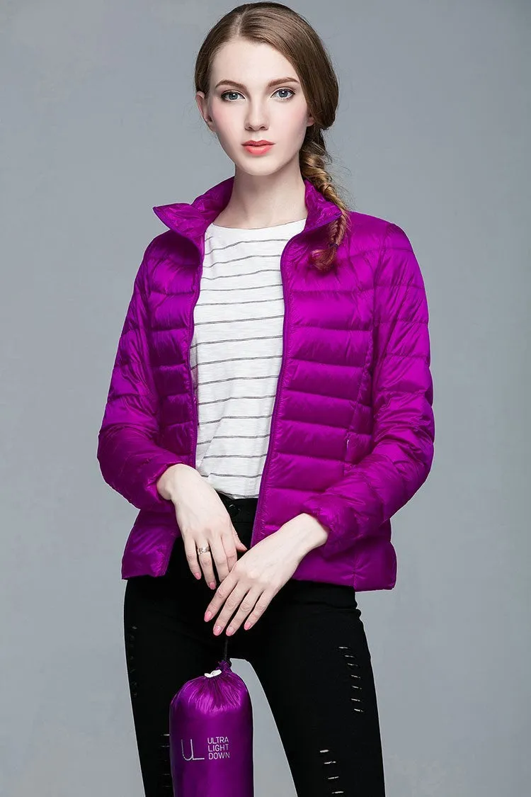 Ladies Stand Collar Duck Down Ultra Light Slim Long Sleeve Parka Puffer Jacket