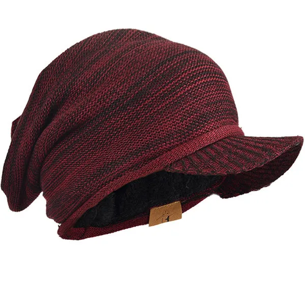 Men Striped Knit Beanie Visor Hat for Winter B319