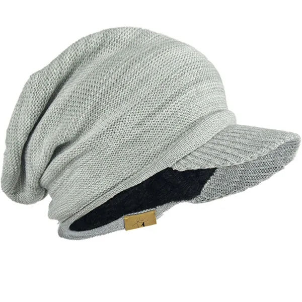 Men Striped Knit Beanie Visor Hat for Winter B319