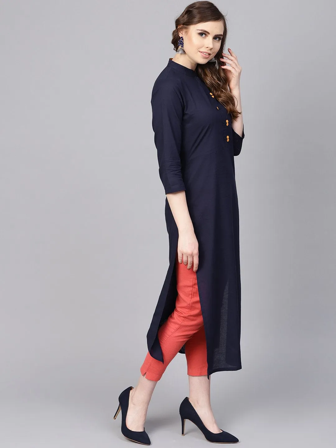 Navy Blue Kurta With Contrasting Detailed Placket With Madarin Collar