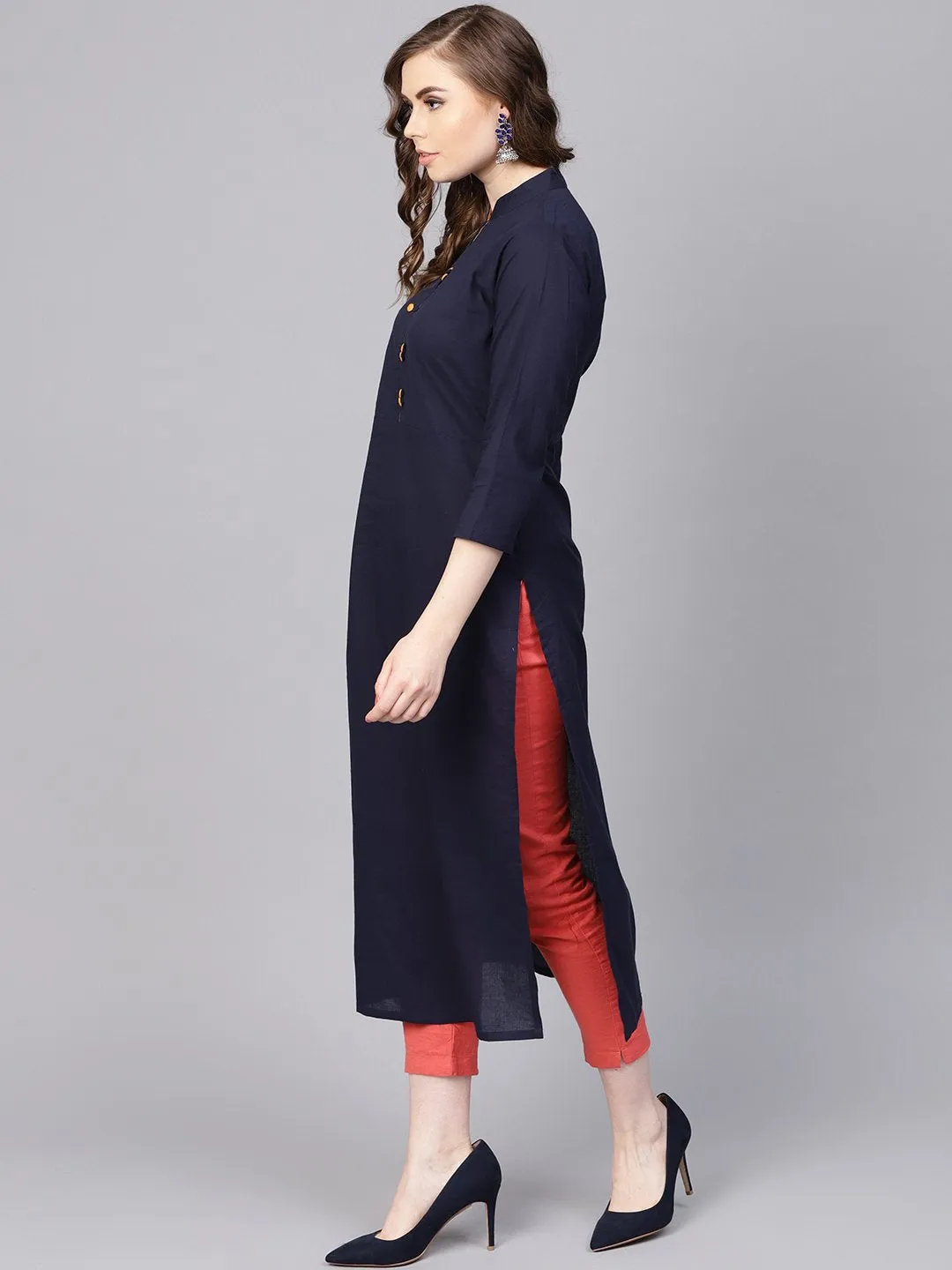 Navy Blue Kurta With Contrasting Detailed Placket With Madarin Collar