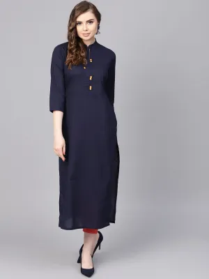 Navy Blue Kurta With Contrasting Detailed Placket With Madarin Collar