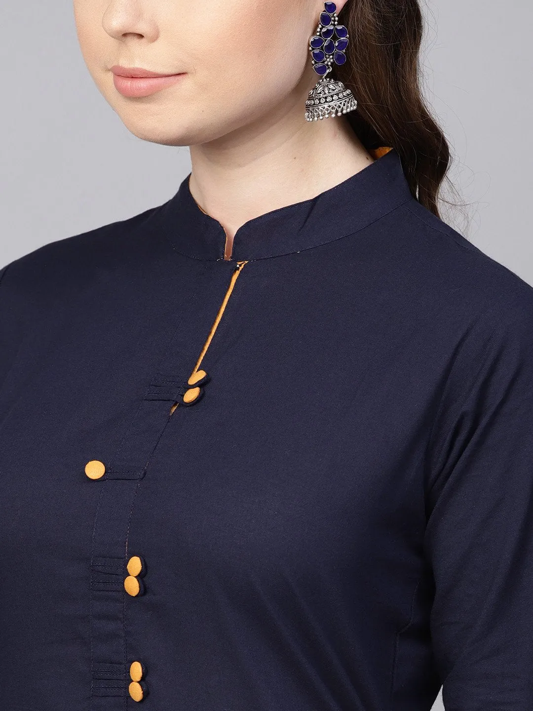 Navy Blue Kurta With Contrasting Detailed Placket With Madarin Collar