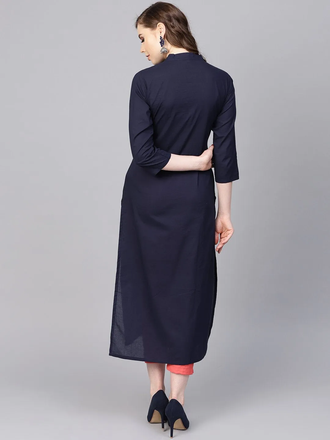 Navy Blue Kurta With Contrasting Detailed Placket With Madarin Collar