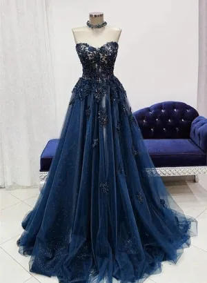 Navy Blue Tulle With Lace Sweetheart Long Formal Dress Blue Long Prom Dress