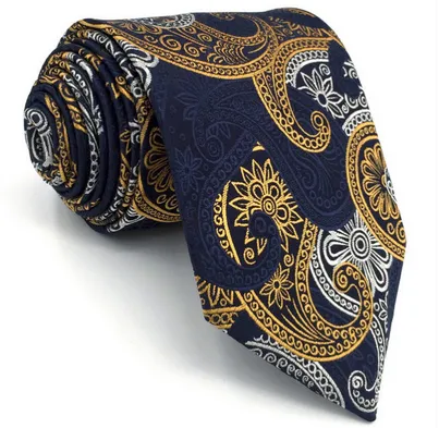 Navy, Orange Gold & Silver Paisley Tie