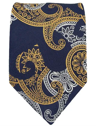 Navy, Orange Gold & Silver Paisley Tie