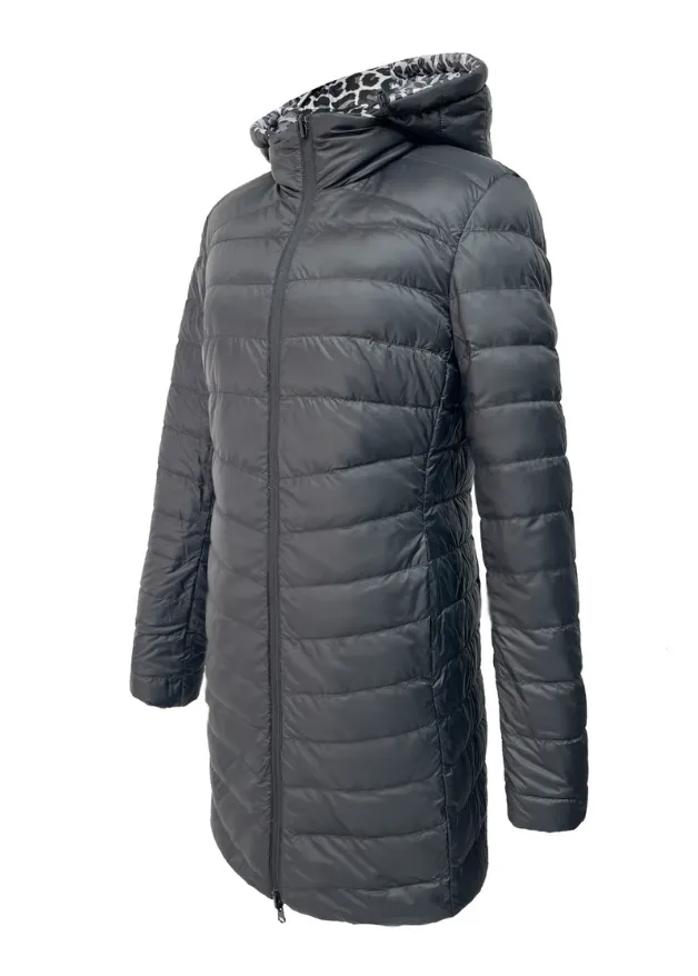 Reversible Black/ Snow Leopard Duck Down Puffer Coat