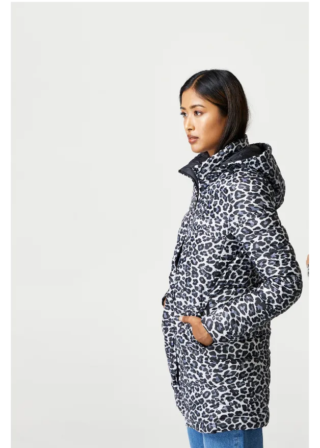 Reversible Black/ Snow Leopard Duck Down Puffer Coat