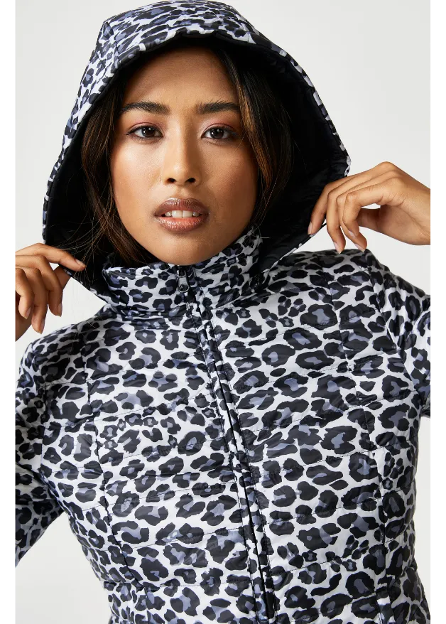 Reversible Black/ Snow Leopard Duck Down Puffer Coat