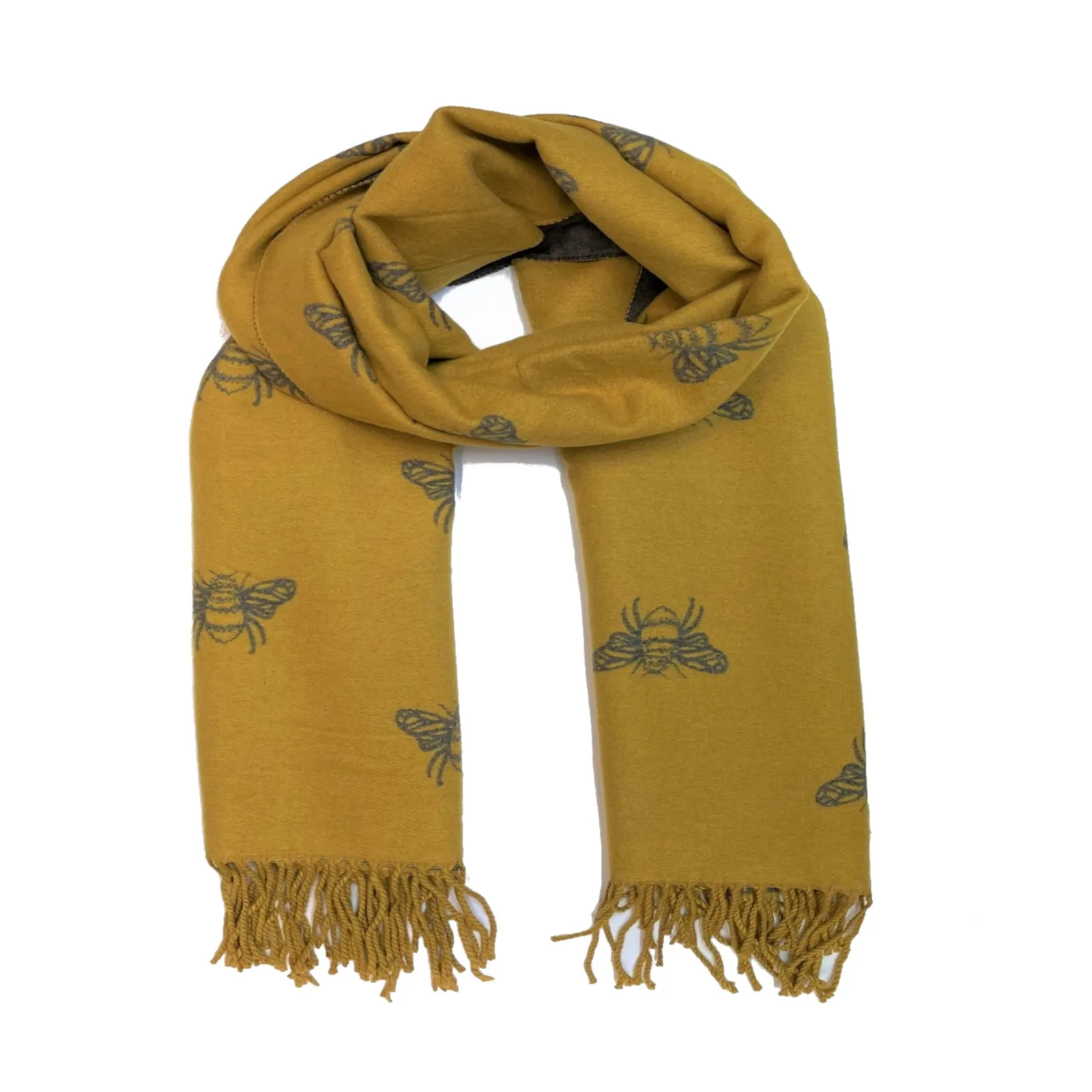 Reversible Mustard/Grey Bee Print Scarf