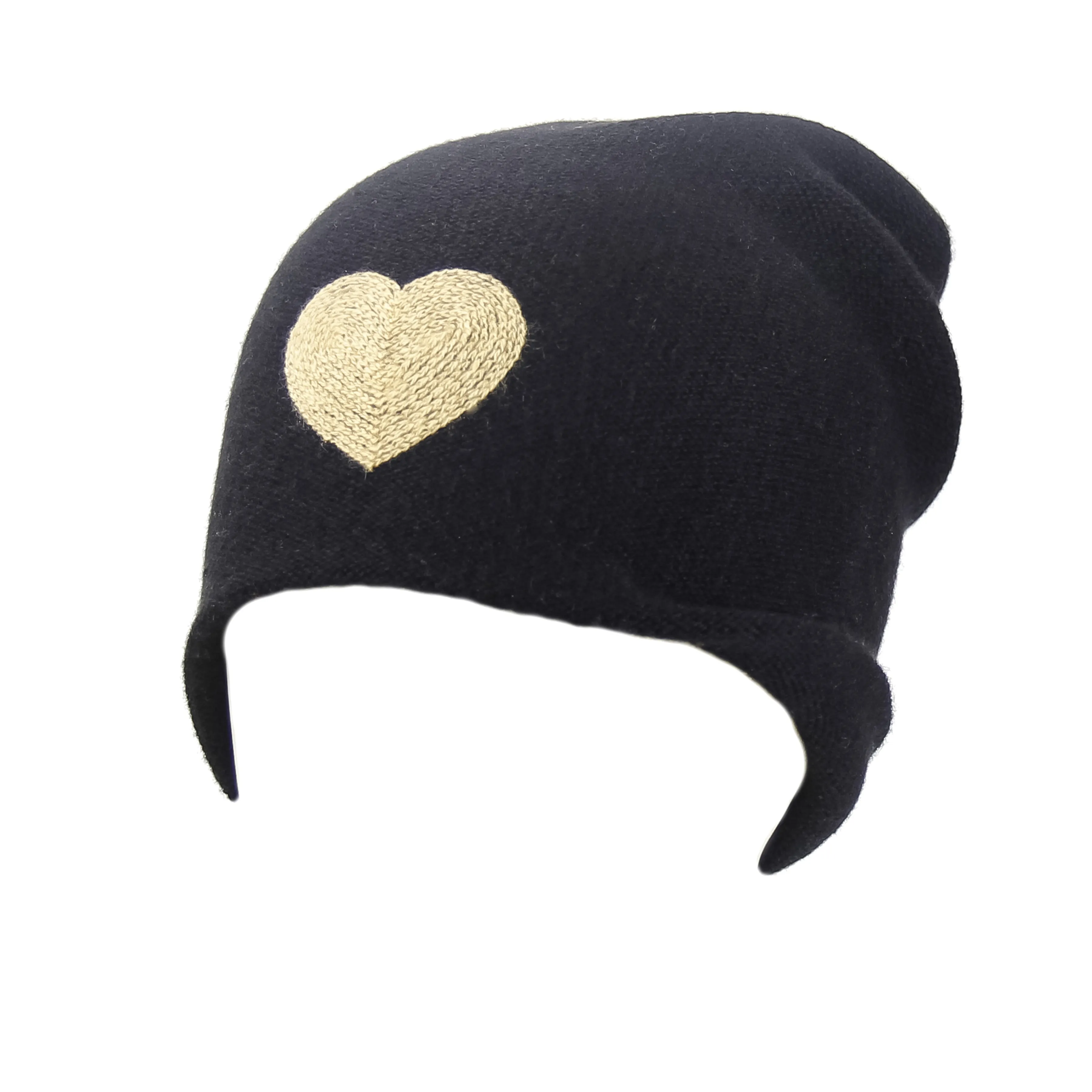 Reversible Slouchy Black Cashmere Hat with Gold Heart and Light Caramel Pom-Pom