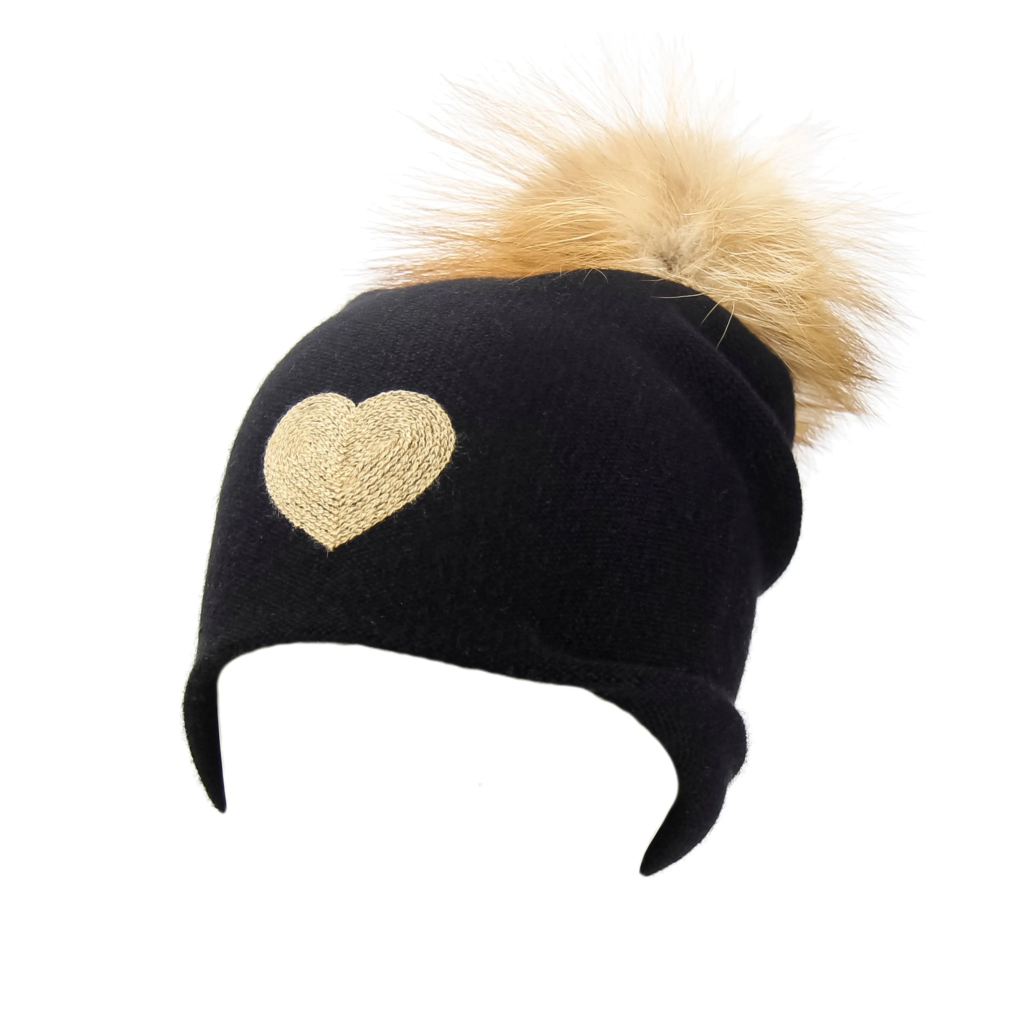 Reversible Slouchy Black Cashmere Hat with Gold Heart and Light Caramel Pom-Pom