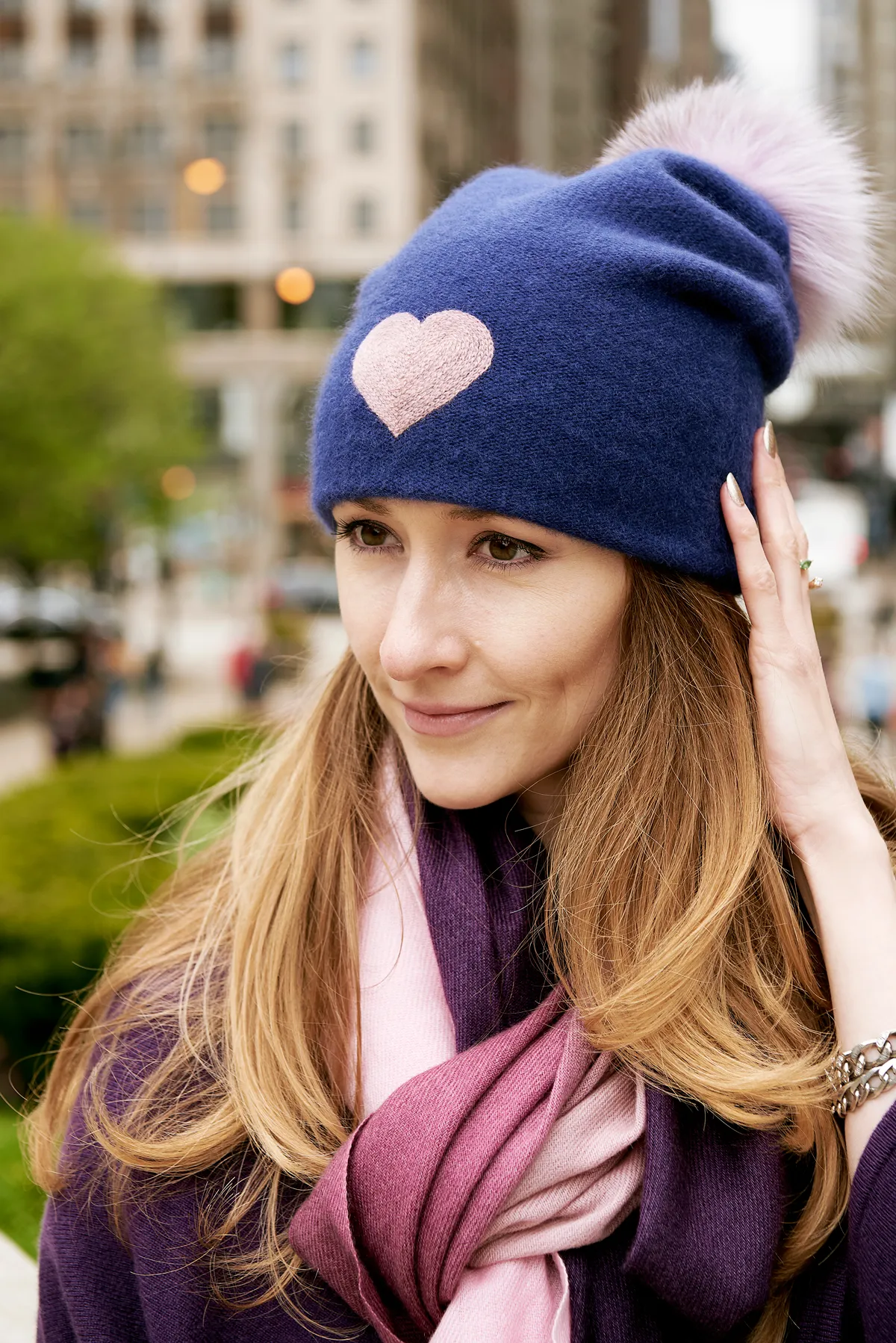 Reversible Slouchy Blue Cashmere Hat with Lilac Heart and Lilac Pom-Pom