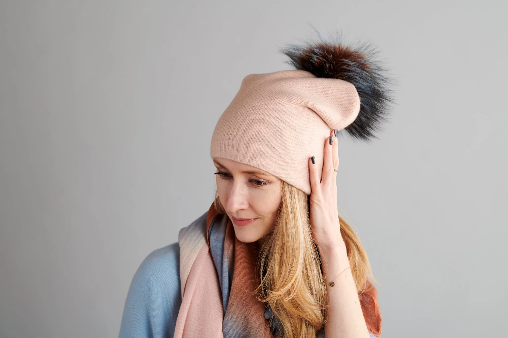 Reversible Slouchy Blush Cashmere Hat with Pine Mist Pom-Pom