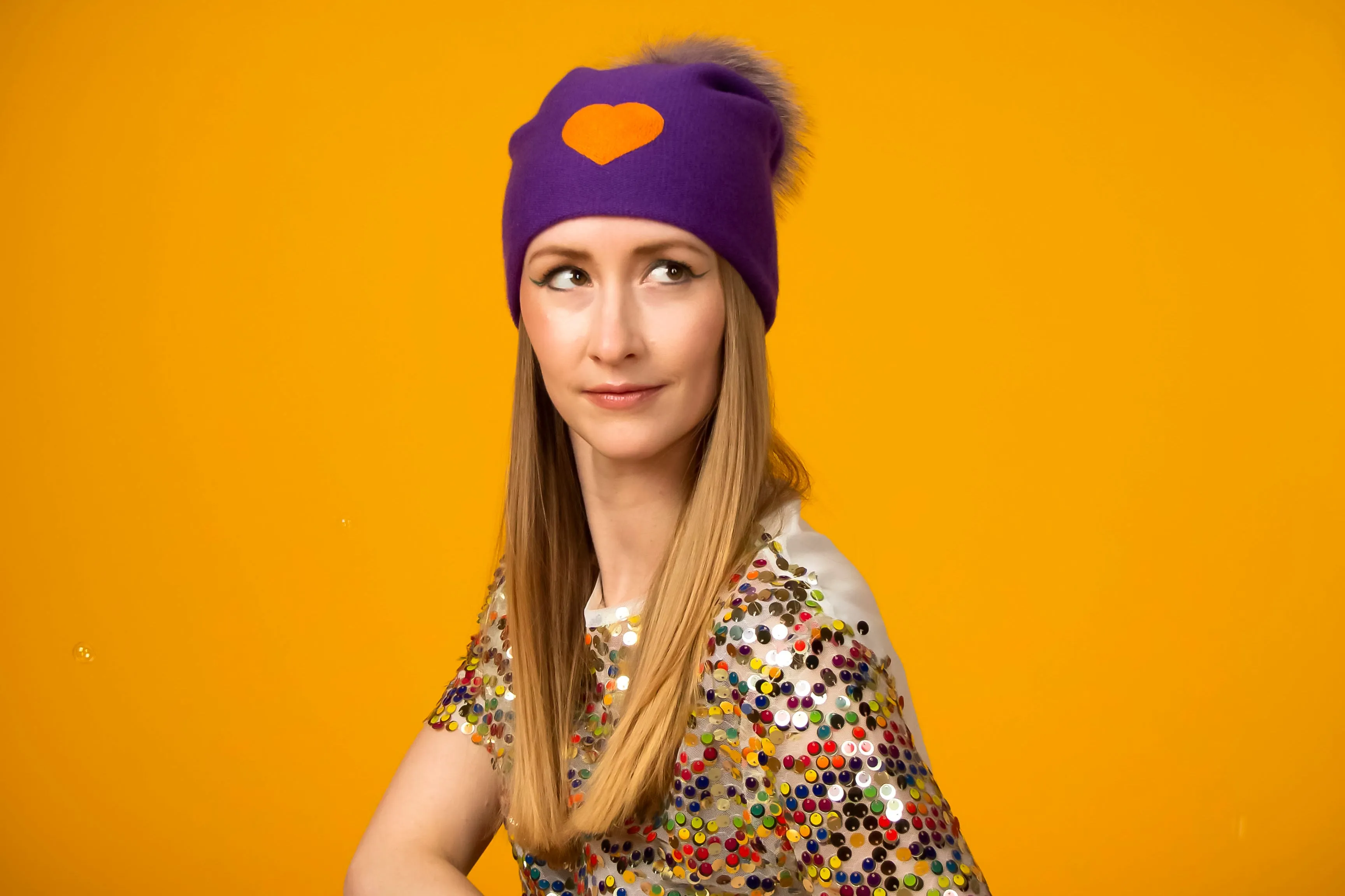 Reversible Slouchy Purple Cashmere Hat with Orange Heart