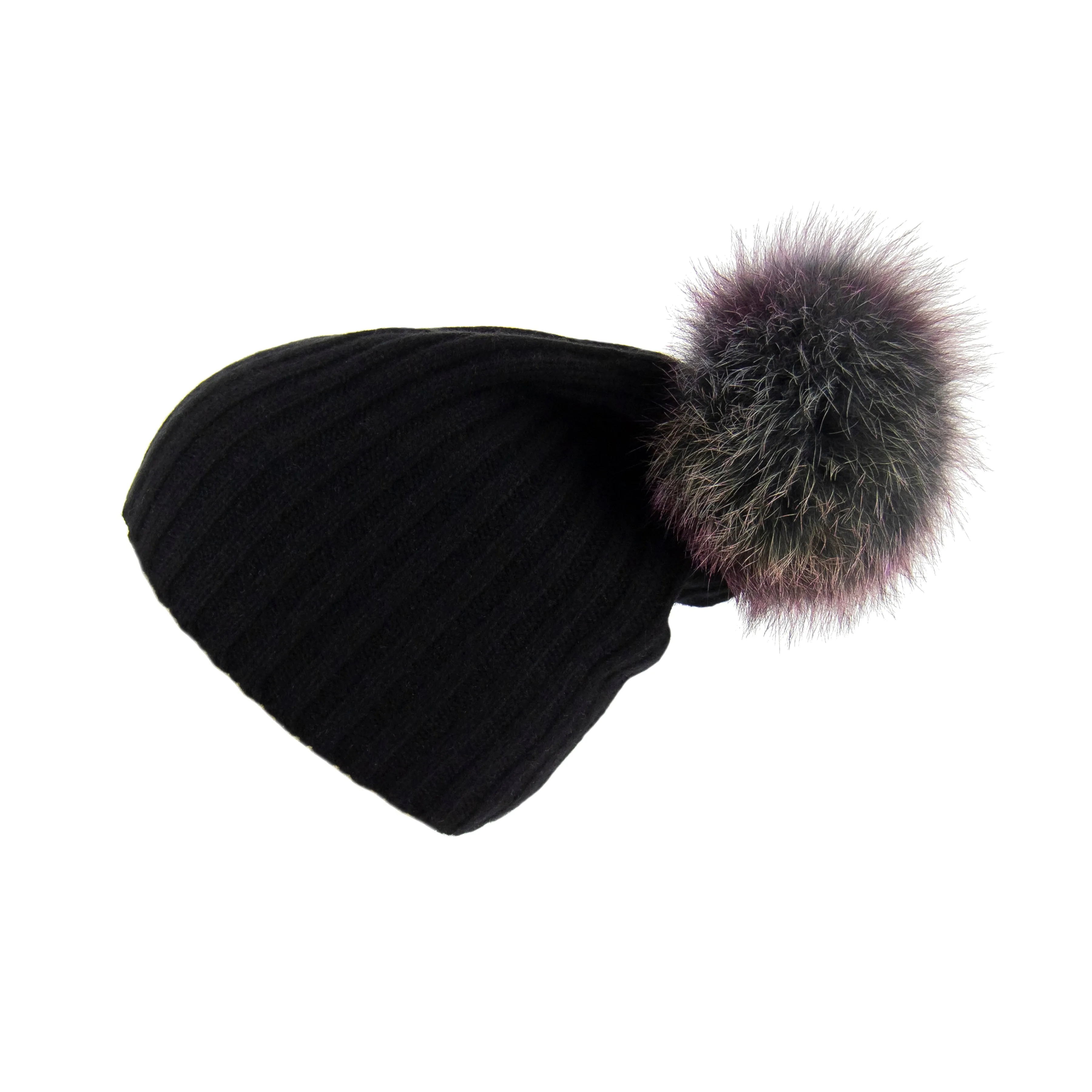 Ribbed Black Cashmere Hat with Rainbow Pom-Pom