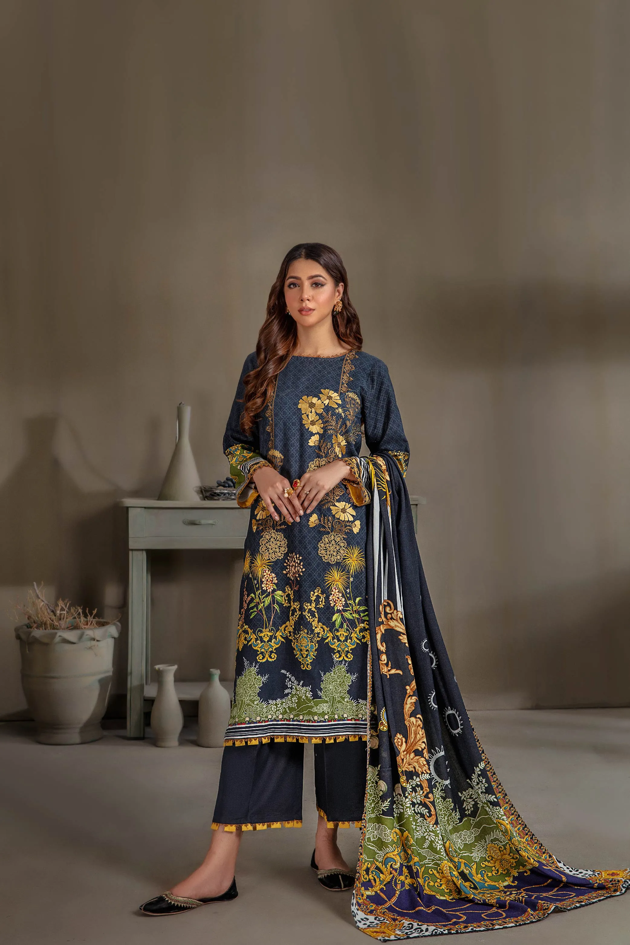 Sana & Samia by Lala Embroidered Woolen Print Collection – Blue Nova