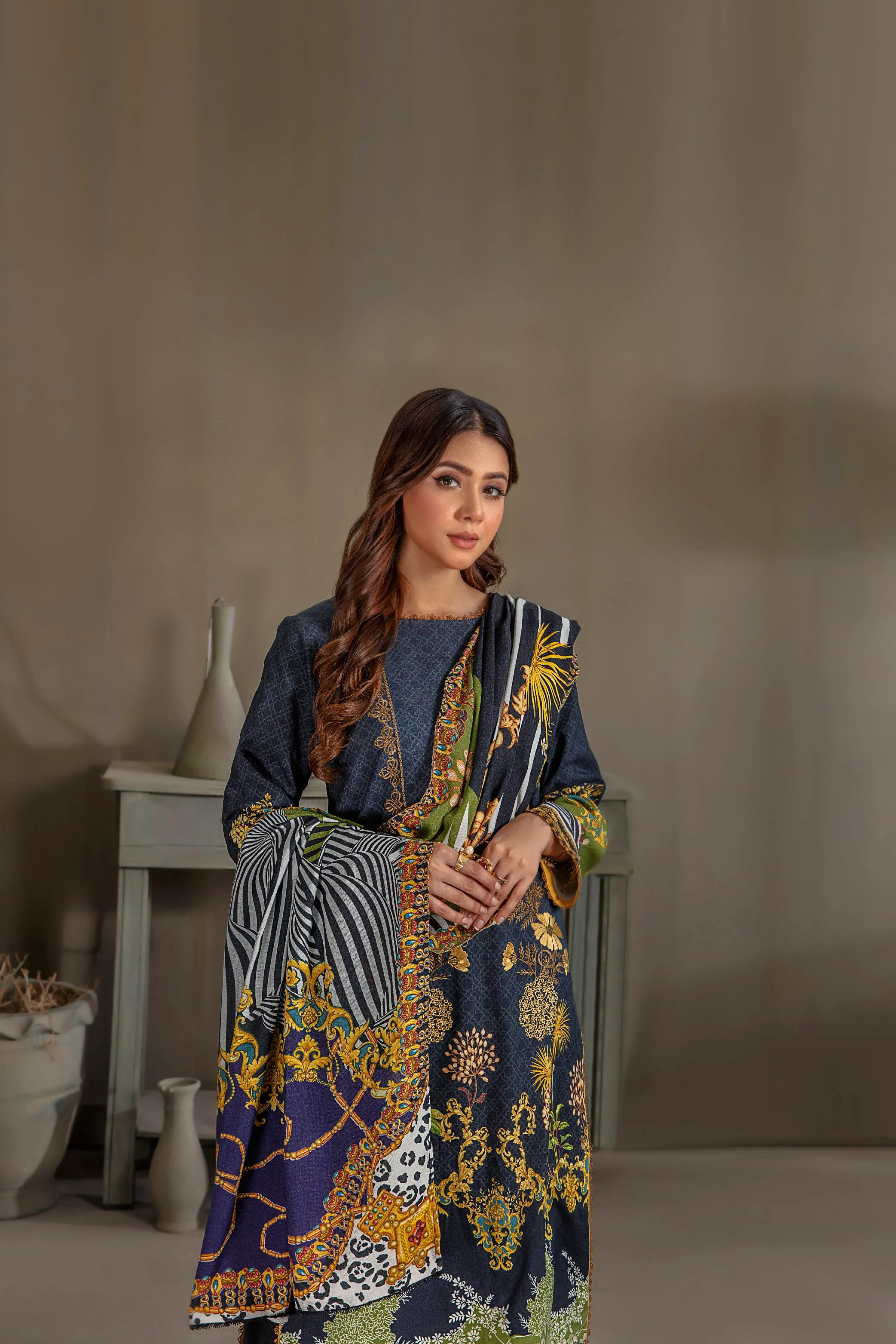 Sana & Samia by Lala Embroidered Woolen Print Collection – Blue Nova