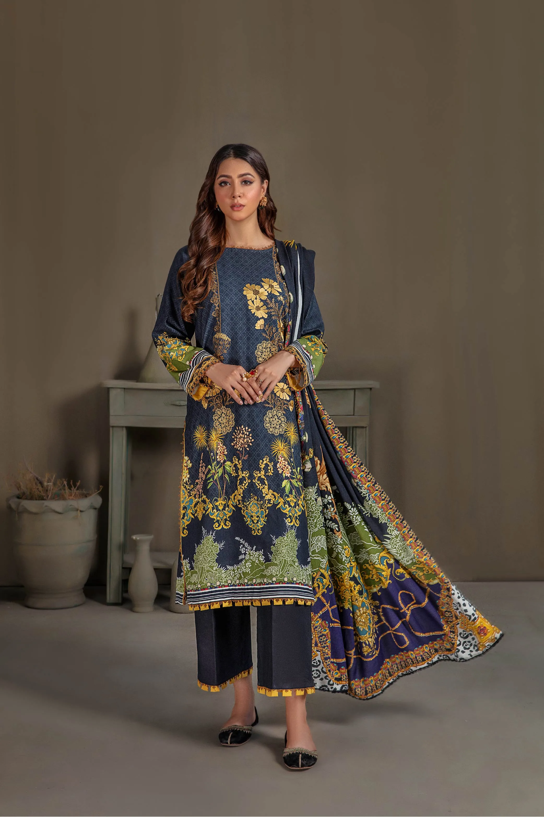 Sana & Samia by Lala Embroidered Woolen Print Collection – Blue Nova