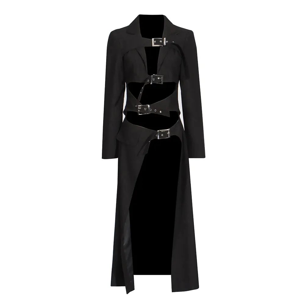 Streetwear Hollow Our Sexy Solid Coats For Women Lapel Long Sleeve High Waist Spliced Belt Slimming Chic Trench Female New