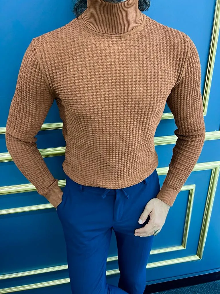 Thread Slim Fit Custom Design Half Collared Textured Camel Turtleneck