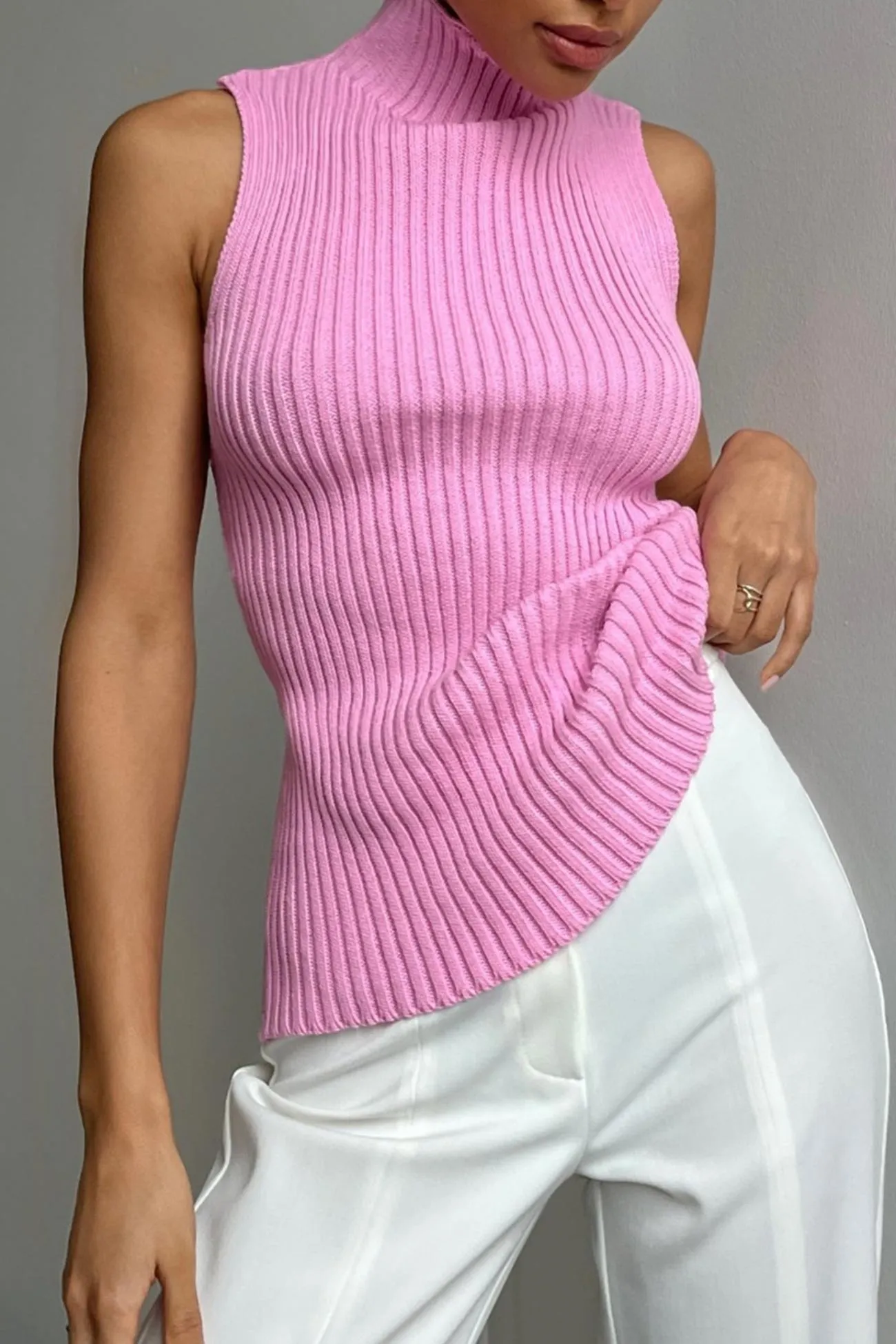 Turtleneck Sleeveless Ribbed Knit Sweater