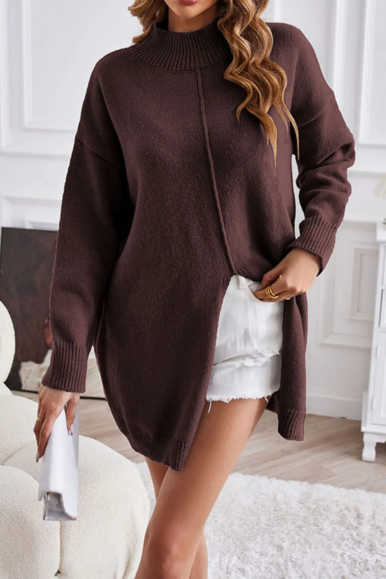 Turtleneck Slit-front Mid-Length Sweater