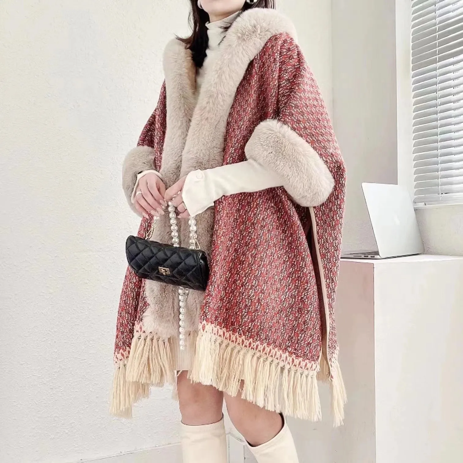 Winter Women Plaid Faux Rabbit Fur Loose Poncho Tassel Cape Cloak