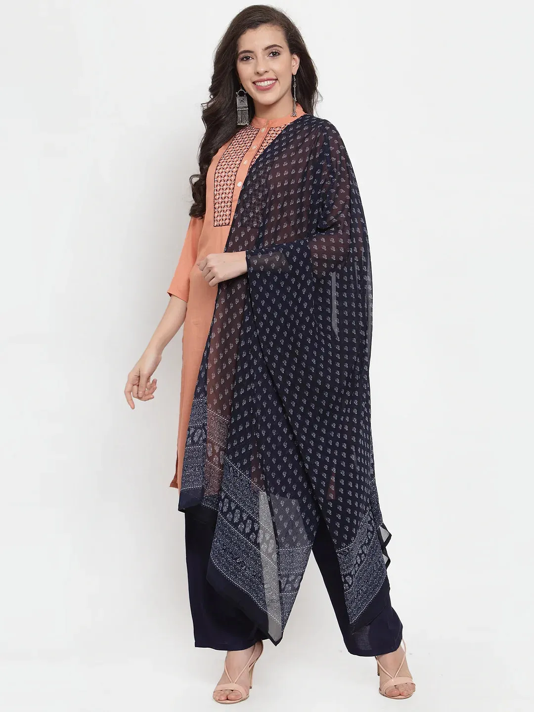 Women Mustard Peach & Navy Blue Embroidered Kurta With Palazzos & Dupatta