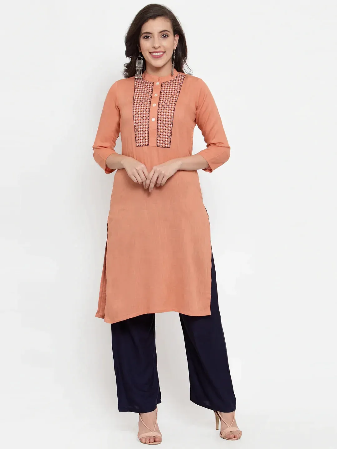 Women Mustard Peach & Navy Blue Embroidered Kurta With Palazzos & Dupatta