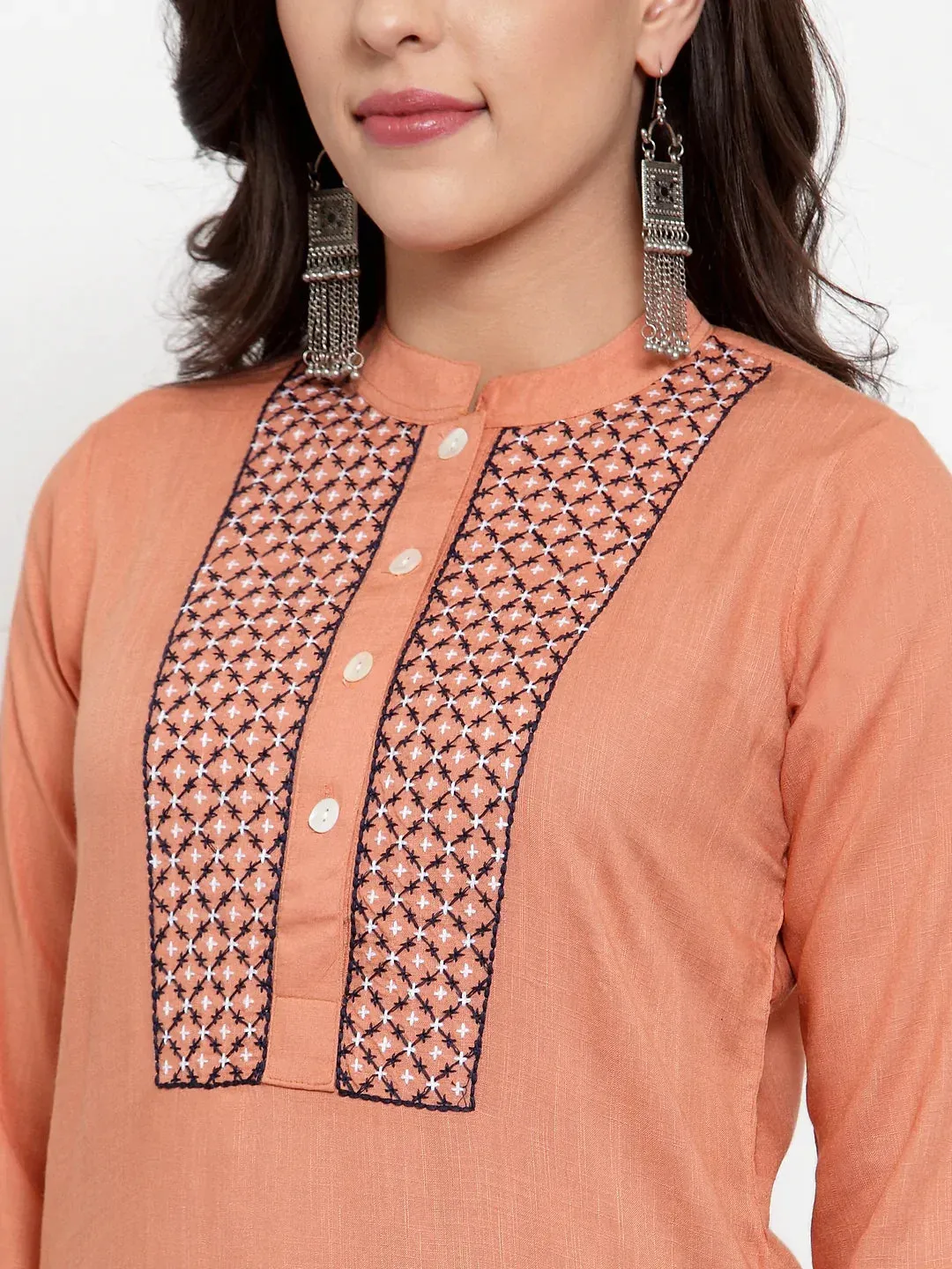 Women Mustard Peach & Navy Blue Embroidered Kurta With Palazzos & Dupatta