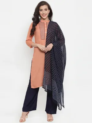 Women Mustard Peach & Navy Blue Embroidered Kurta With Palazzos & Dupatta