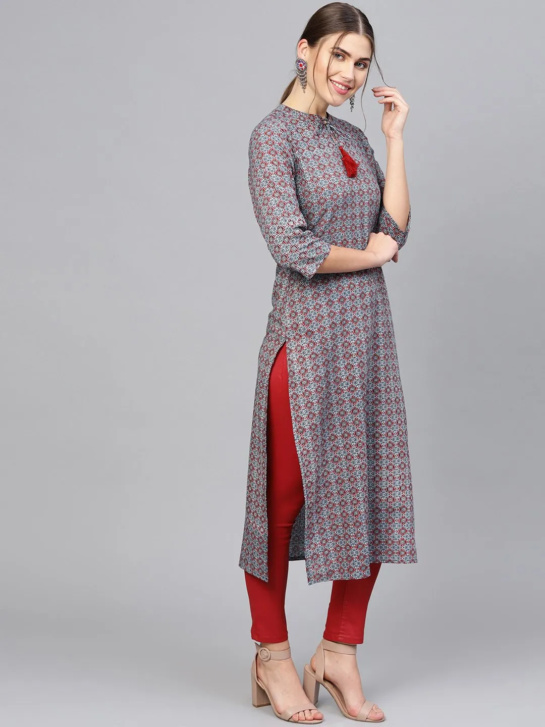 Women Navy Blue & Maroon Printed Straight Kurta