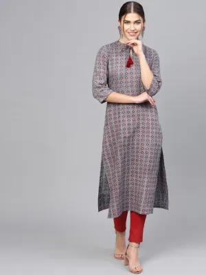 Women Navy Blue & Maroon Printed Straight Kurta