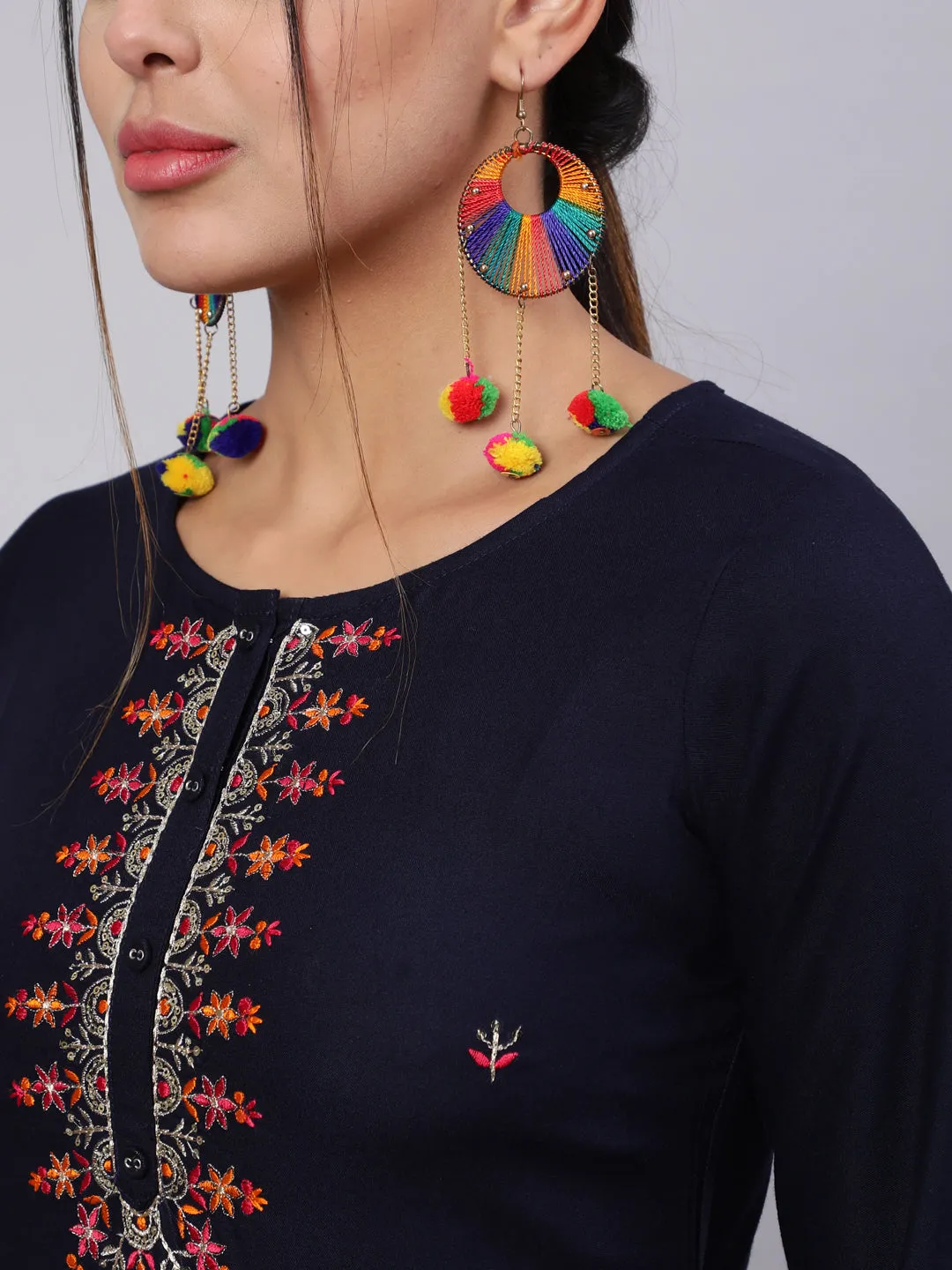 Women Navy Blue Embroidered Straight Kurta With Palazzo And Art Silk Dupatta