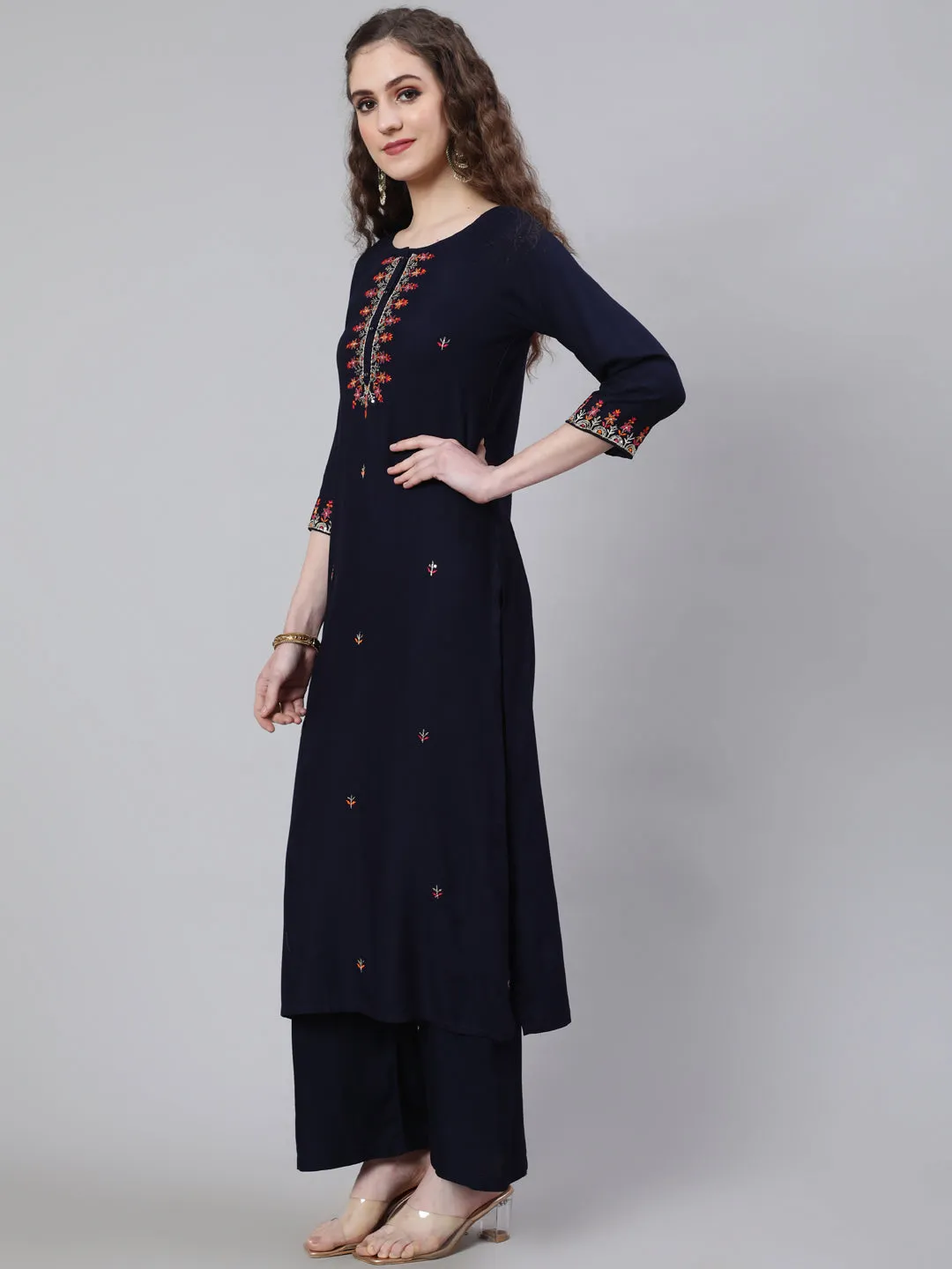 Women Navy Blue Embroidered Straight Kurta With Palazzo And Art Silk Dupatta