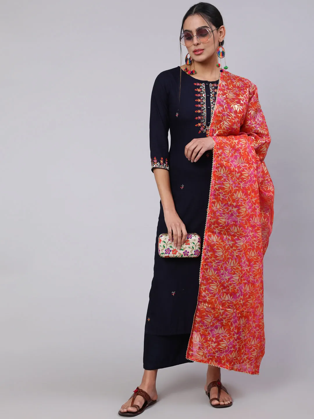 Women Navy Blue Embroidered Straight Kurta With Palazzo And Art Silk Dupatta