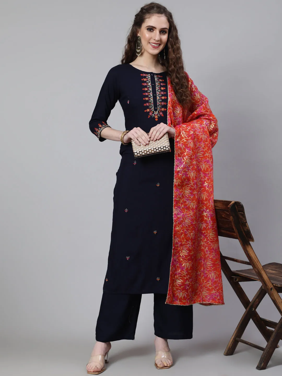 Women Navy Blue Embroidered Straight Kurta With Palazzo And Art Silk Dupatta