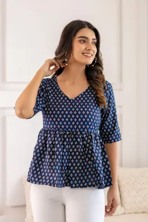 Women Navy Blue Printed V-Neck Peplum Tunic