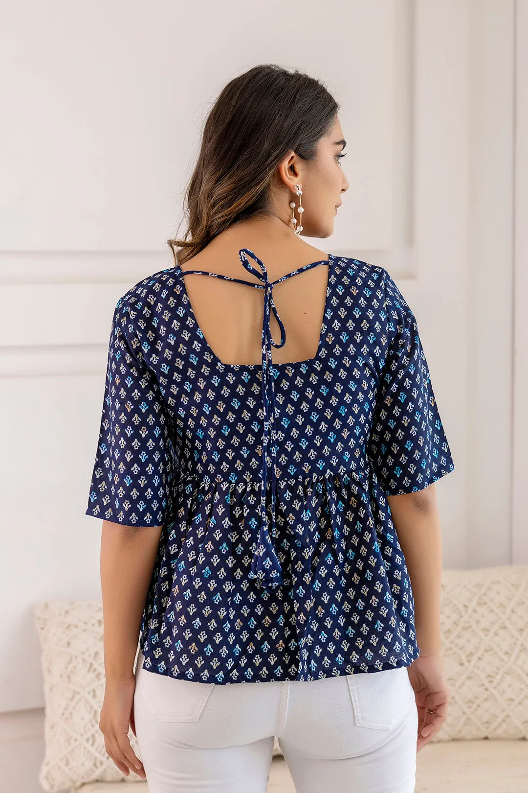 Women Navy Blue Printed V-Neck Peplum Tunic