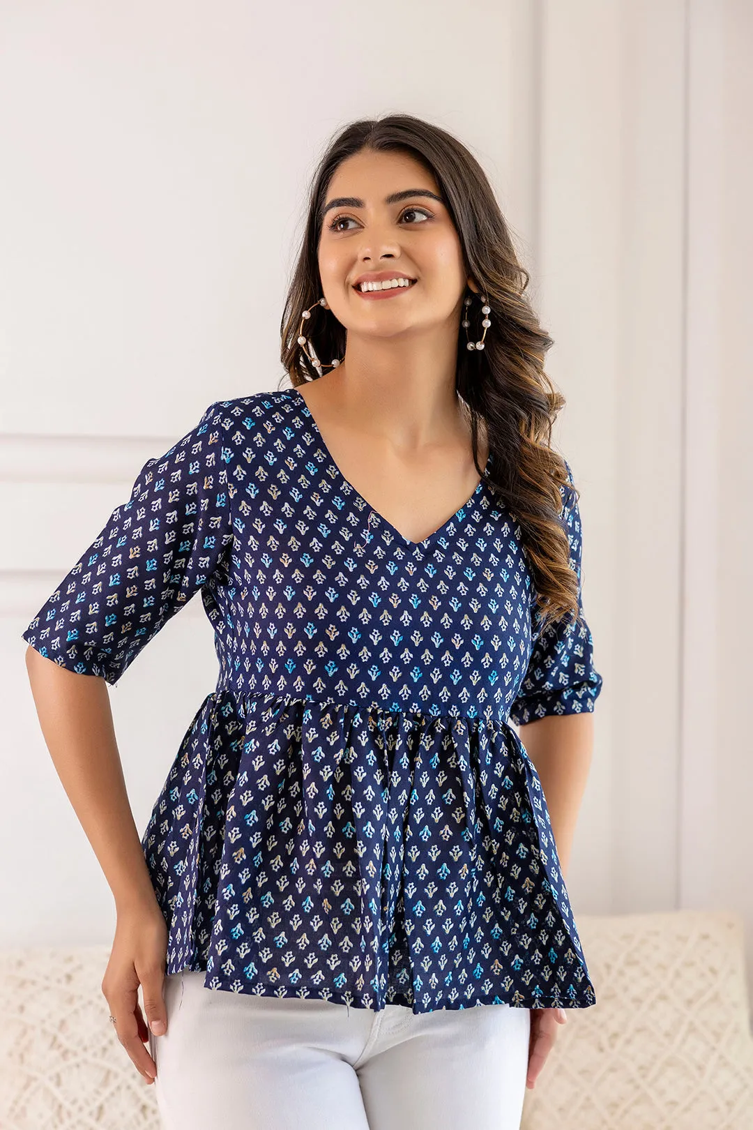 Women Navy Blue Printed V-Neck Peplum Tunic