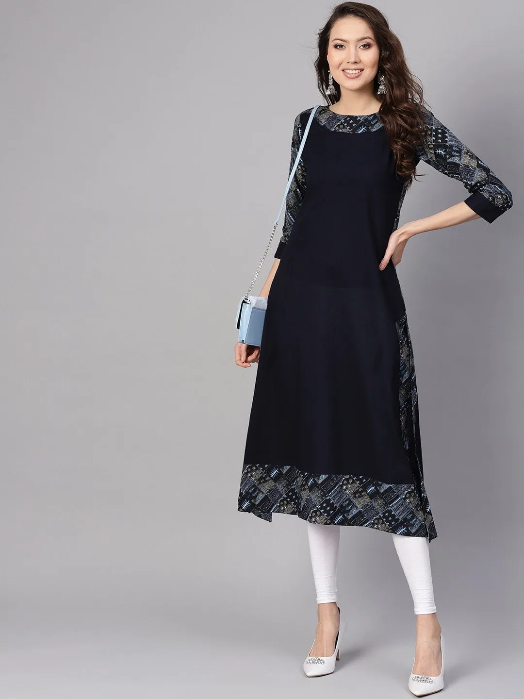 Women Navy Blue Solid A-Line Kurta