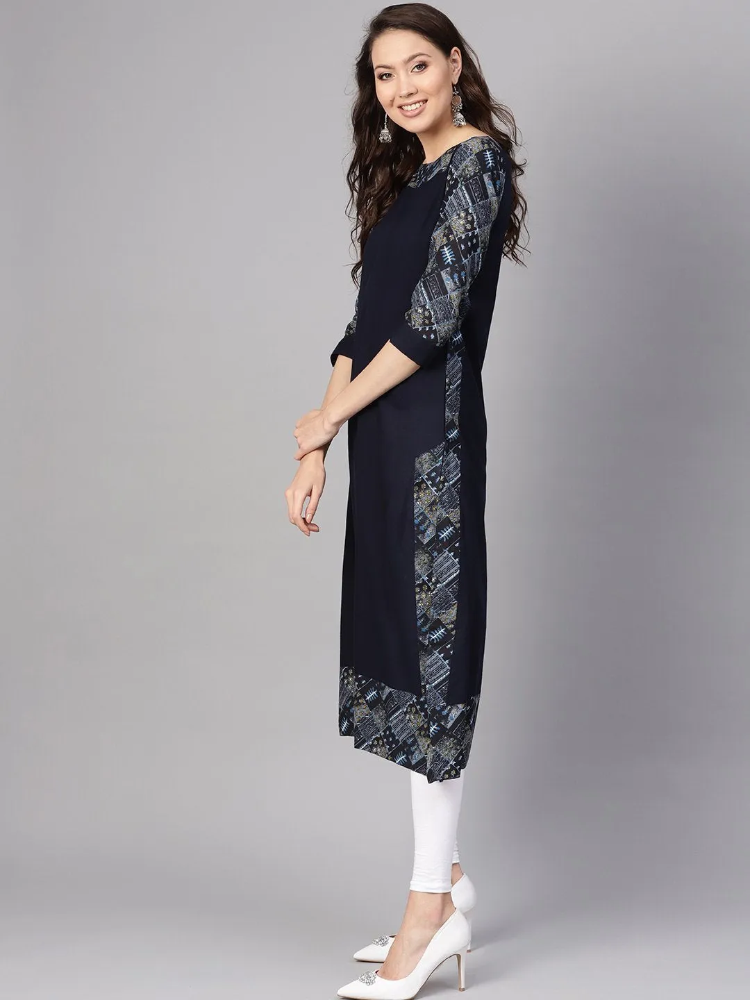 Women Navy Blue Solid A-Line Kurta