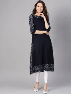 Women Navy Blue Solid A-Line Kurta