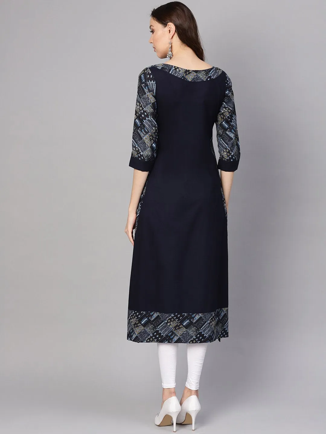 Women Navy Blue Solid A-Line Kurta