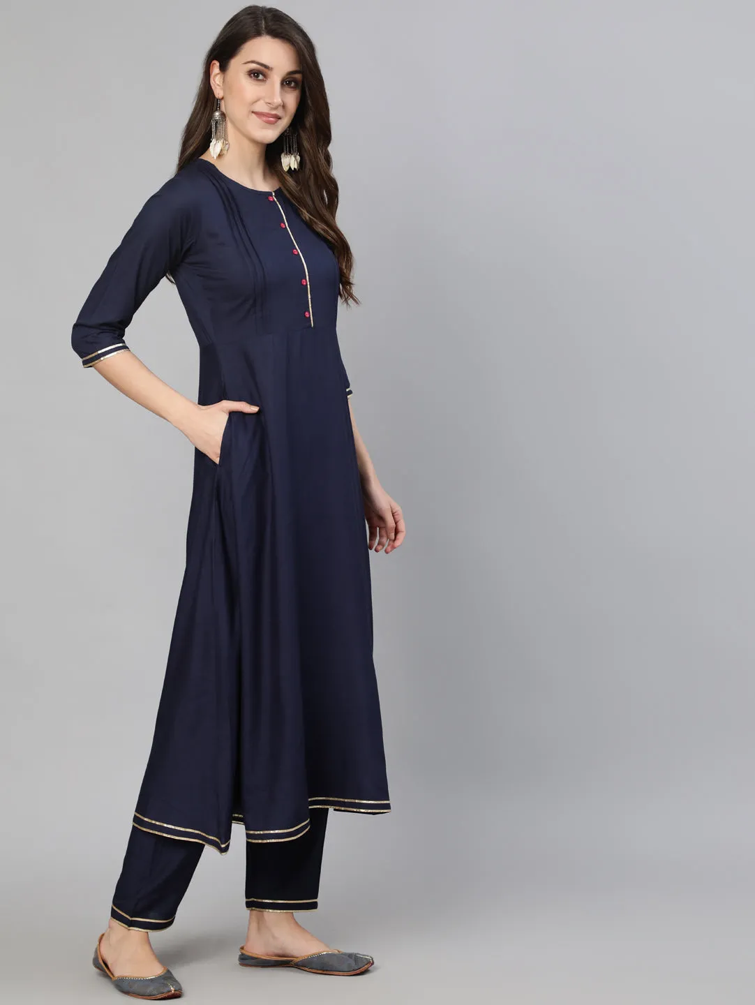 Women Navy Blue Solid Gathered Kurta With Palazzo And Sequance  Dupatta