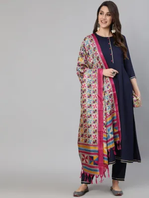 Women Navy Blue Solid Gathered Kurta With Palazzo And Sequance  Dupatta